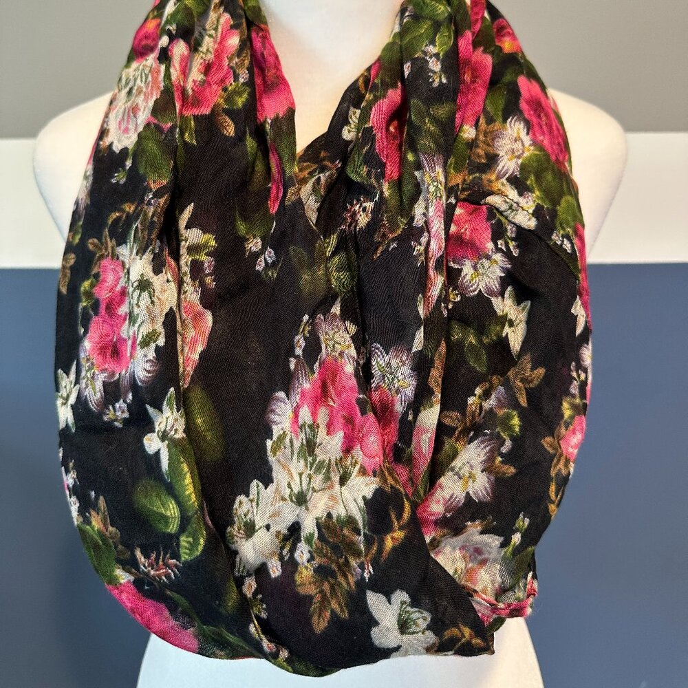 Women’s Infinity Scarf Navy Blue Pink Green Black White Florals 28" by 35"